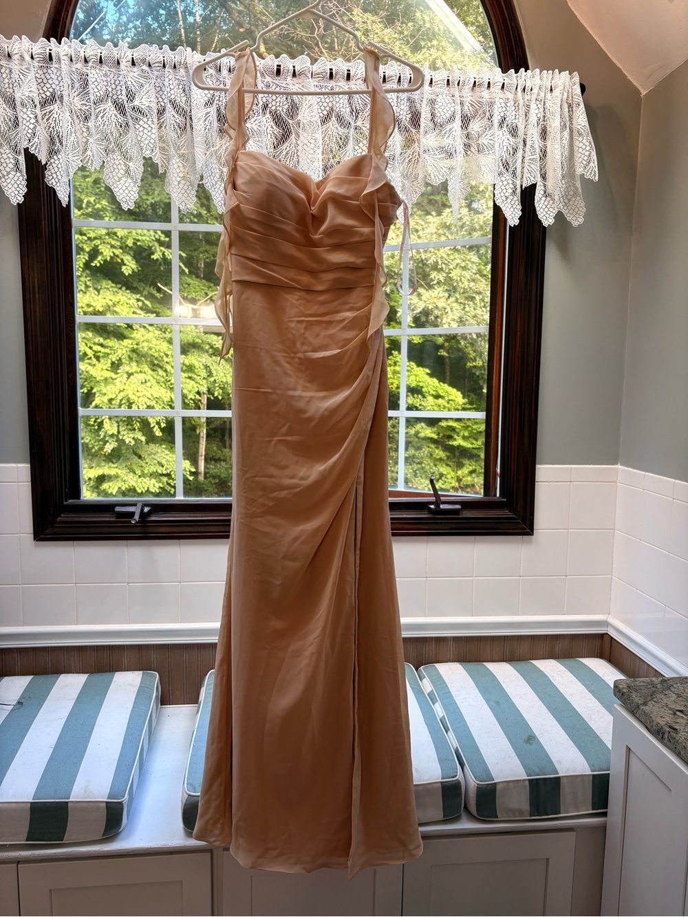 Azazie Tan Ruched Maxi Dress with Spaghetti Straps